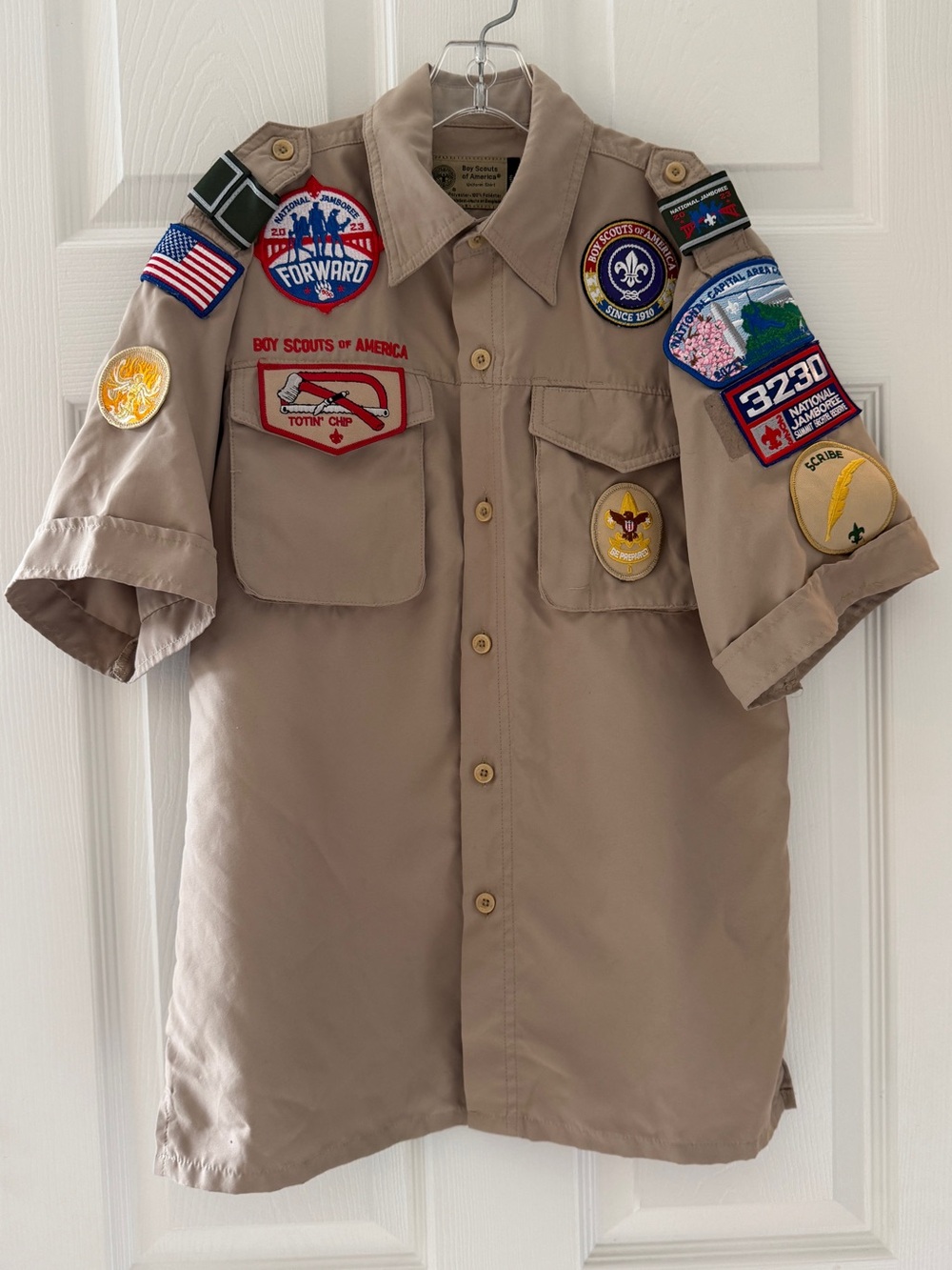 Boy Scouts USA Shirt Youth L Scout Beige Short Sleeve w/ Patches Washington DC